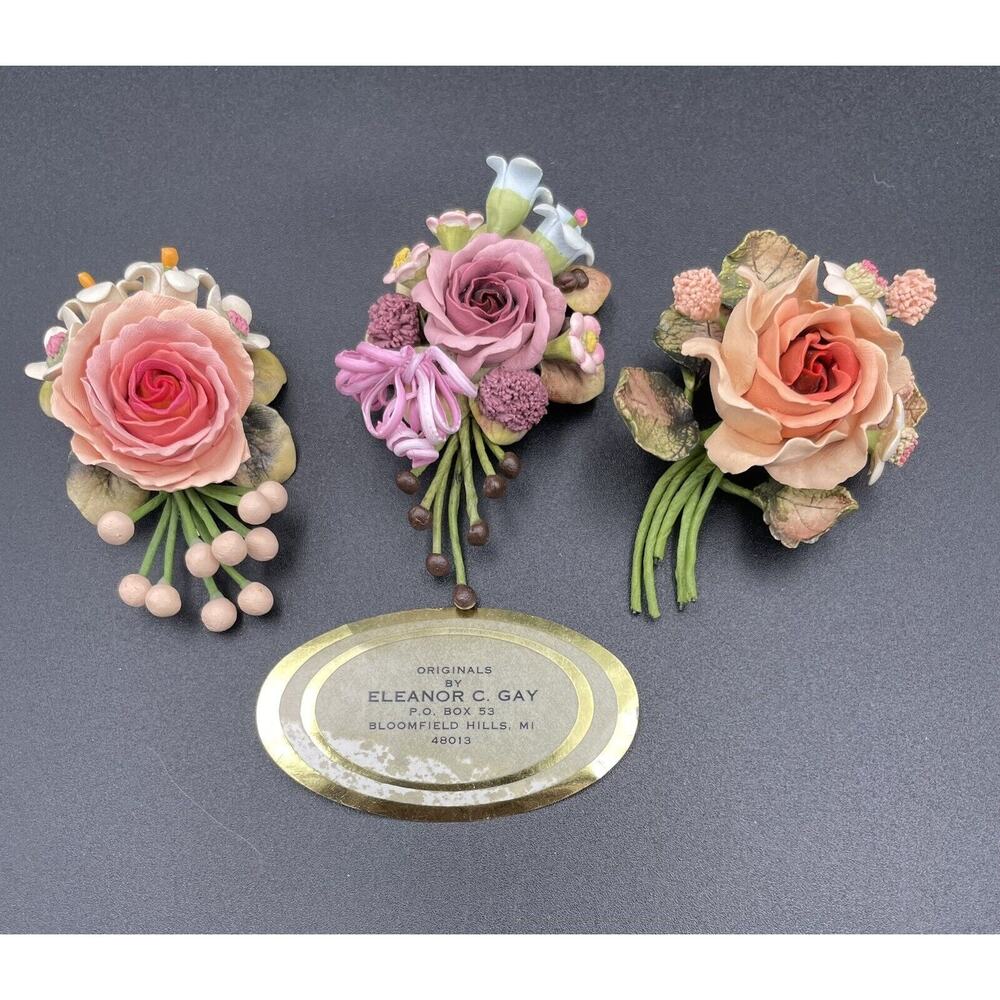 Lot Of 3 Artisan Handmade Flower Brooches